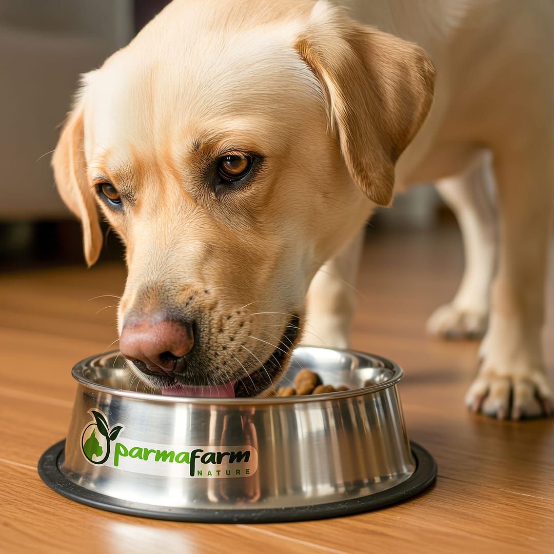 Labrador retriever eating dog food from metal bowl on wooden flo